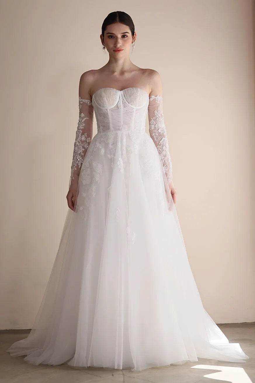 A-Line Sweep-Brush Train Lace Tulle Wedding Dress CW3552 - COCOMELODY